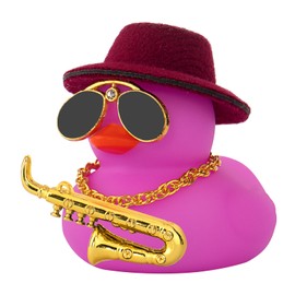 wonuu Car Dashboard Ducks, Saxophone Decor Rubber Duck Car Ornaments with Mini Top Hat Necklace Sunglasses (Purple)