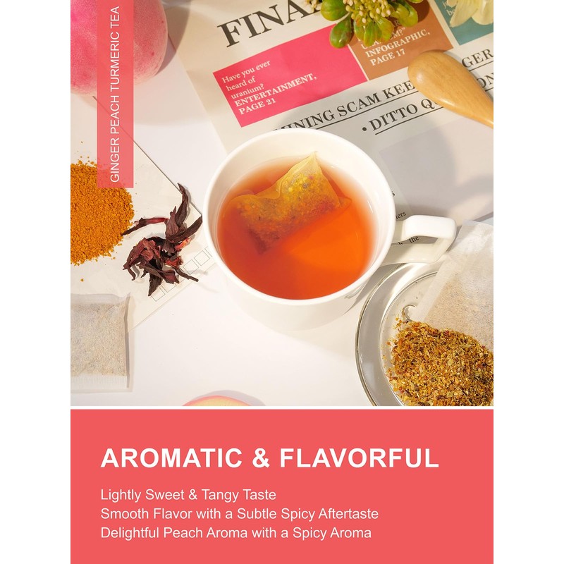 TeeLux Ginger Peach Turmeric Tea Bags, Warm Ginger with Tart
