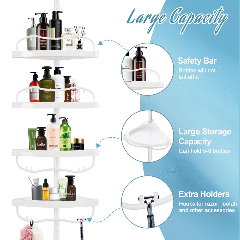 Corner Shower Caddy Tension Pole, Rustproof Bathtub Storage Organizer with