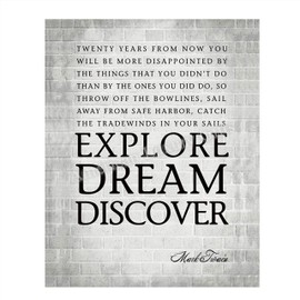 Mark Twain Quotes Wall Art-"Explore-Dream-Discover"- 8 x 10 Art Wall Print Art Ready to Frame. Modern Home Décor, Studio & Office Décor. Perfect Gift for Motivation & Inspiration of Graduates.