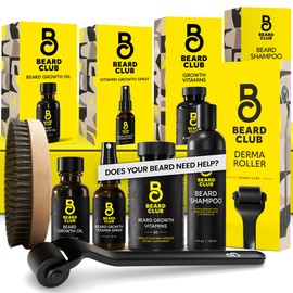 The Beard Club Advanced Beard Growth Kit - Derma Roller, Growth Oil, Vitamins and Vitamin Spray, Shampoo and Boar Bristle Brush - Gift Set - Cedar