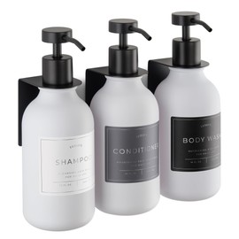 Lusspa Shampoo & Conditioner Dispenser - Shower Soap Dispenser Wall Mounted - Set of 3 16.9 Oz Plastic Bottles with Pump & Holder - Shampoo Dispenser - Shower Dispenser Chamber No Drill (White/Black)