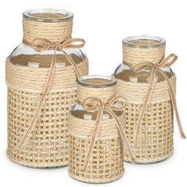 Hollyone 3Pcs Flower Vase Glass Vase with Cotton Rope Cover Woven Glass Vase Decorative Flower Bottle Modern Vase for Table Centerpiece Farmhouse Wedding Home Decor