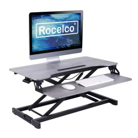 Pemberly Row Standing Desk Converter Dual Monitor Riser w/Tablet Mount Gray