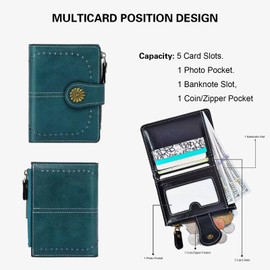 ProudDemon Slim Leather Wallet for Women – Compact Dark Green Bifold Wallet with Zipper Coin Pocket & Photo Holder with Detachable Wrist Strap (Blue)