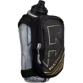 Nathan SpeedDraw Plus Insulated Flask, Handheld Running Water Bottle. Grip Free for Runners, Hiking etc. (Black / Metallic Gold)