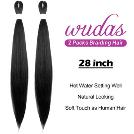 WUDAS Black Braiding Hair 28 Inch Long Pre Stretched Hair Straight Yaki Texture Synthetic Hair Extensions Softness, 2 Packs