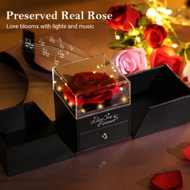 Emibele Preserved Real Red Rose with S925 Sterling Silver Necklace, Eternal Rose with I Love You Necklace in 100 Languages Music Box with Lights Romantic Gifts for Mom Grandma Wife Girlfriend Her