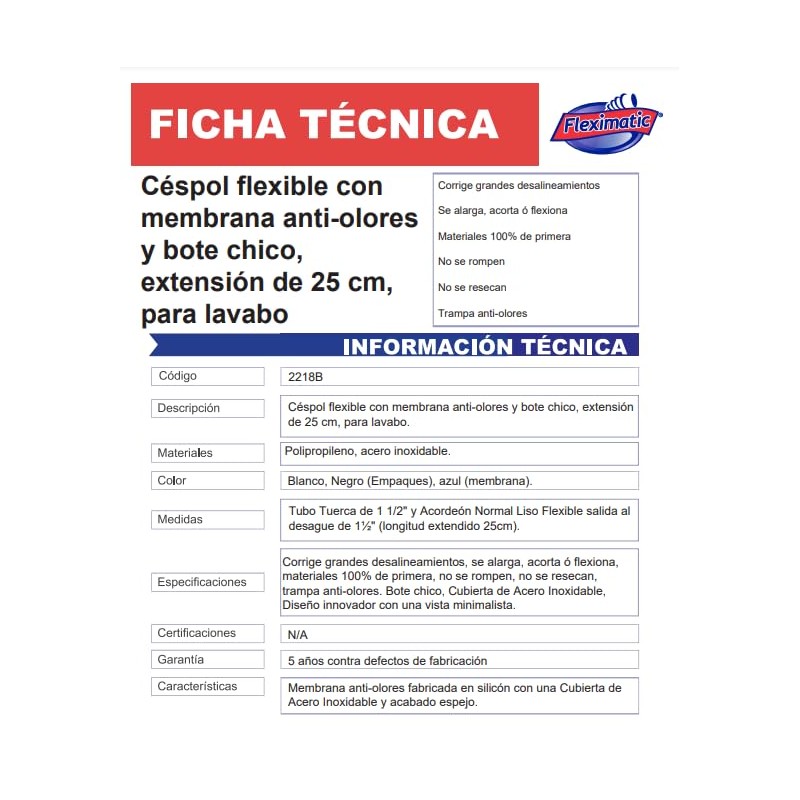 Fleximatic 2218B Céspol flexible para lavabo u ovalín con membrana