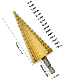 Shallho 1/4 Inch Hexagon Shank 4-32 mm Titanium Coated Spiral Grooved Step Drill Bit HSS Step Drill Bit for Plastic Wood Metal Multi-Hole Taper Drill