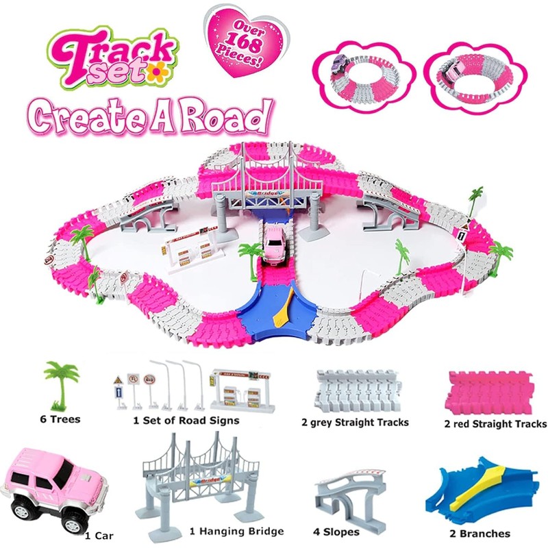 168 PCS Pink Magic Bendable Race Track Toy, Snap Together