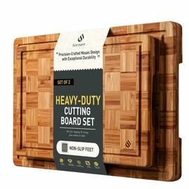 2 Pack Heavy Duty Bamboo Cutting Board Set Non Slip Over Sink Solid End Grain Thick Wood Chopping Board Extra Large Big Small Best Organic Hardwood Wooden Kitchen Essential New Home Housewarming Gift