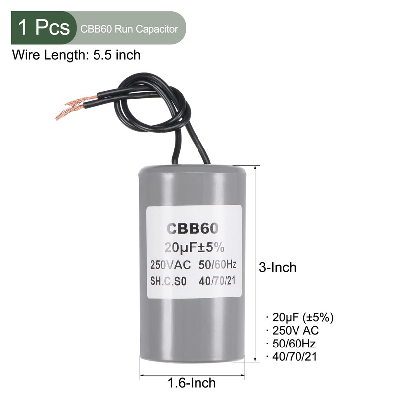 YOKIVE CBB60 Run Condenser 250V AC 20uF 50/60Hz 2 Wire