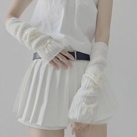 POHADON Women Knitted Arm Warmers Y2k Long Fingerless Gloves Cute Bow Arm Sleeve Cosplay Lolita Gyaru Accessories (White-white bow,One Size)