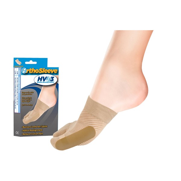 OrthoSleeve HV3 Bunion Brace/Splint (One Sleeve) for Foot Bunion Pain/Hallux Valgus Relief and Split-Toe Design to Help straighten Toes