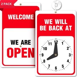 ASSURED SIGNS Will Return Sign With Clock - 2 Pack - 9.25 x 5.75 Inch - Bright Red and White Colors - Includes Suction Cup, Ideal Out to Lunch, Be Right Back Signs, or Open Closed Sign