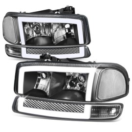 Auto Dynasty 4Pcs Switchback Box Style LED DRL Headlights and Bumper Lamps Compatible with GMC Sierra Yukon XL 99-07, Driver and Passenger Side, Black Housing Clear Lens