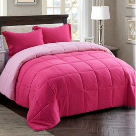 HIG 3pc Pink Comforter Set Full Size Duvet Insert, Reversible, All Season, Box Stitched, with Corner Tabs, Soft, Fluffy