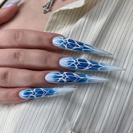 MISUD Press on Nails Extra Long Stiletto Fake Nails Glossy Glue on Nails Blue Ombre Acrylic Nails Almond Artificial Nails Chrome Swirl Stick on False Nails with Design 24pcs