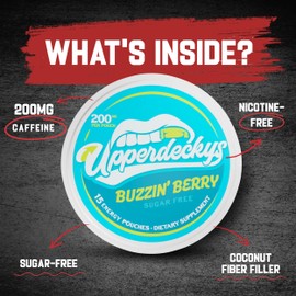 Upperdeckys, Buzzin Berry Caffeine Energy Pouches - Free Replacement and Alternative for Focus and Energy - Sugar Free Nootropic Pouches, Made in the USA and Delicious Flavor (4-Pack, 200mg)