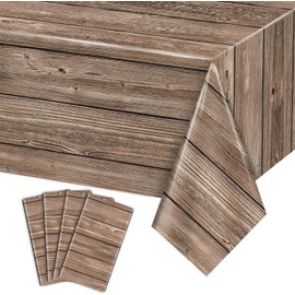 APUXXJUPA 4 Pcs Brown Wooden Table Cloth, Wood Grain Tablecloth Cowboy Theme Party Decorations for Halloween Country Wedding Western Themed Party Decorations, 51 x 86 inch