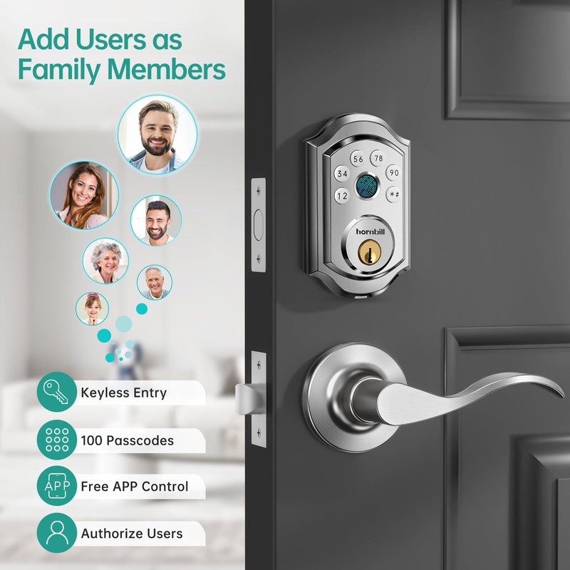 Hornbill Smart Front Door Lock: Silver Fingerprint Electronic Digital Bluetooth