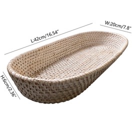 i-lan 17 Inch Long Narrow Oval Serving Basket, Boho Handmade Rattan Bowl Basket with 2 Inch Side,Decorative Loaf,Bread,Rolls,Fruit,Snack Flat Basket Wicker Tray for Serving, Wash White