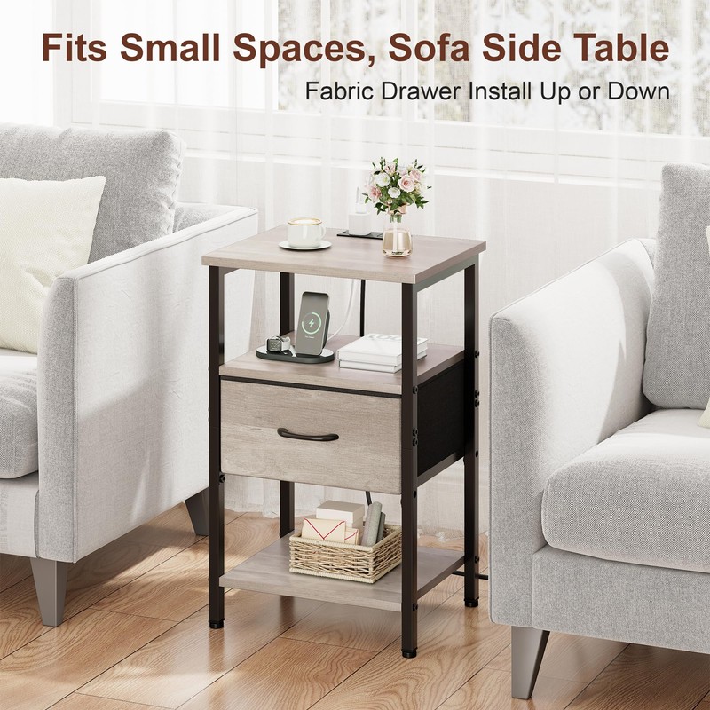 Vagusicc Nightstand with Charging Station, Side Table with Adjustable Drawer,