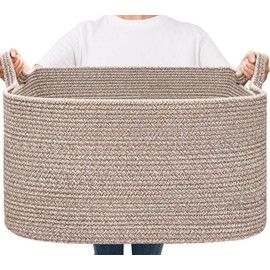 Goodpick Storage Basket, 21.6" x 14.9" x 11.8", Blanket Basket for Living Room, Large Woven Basket for Clothes, Toy Baskets for Organizing, Rectangle Rope Baskets for Storage, Brown