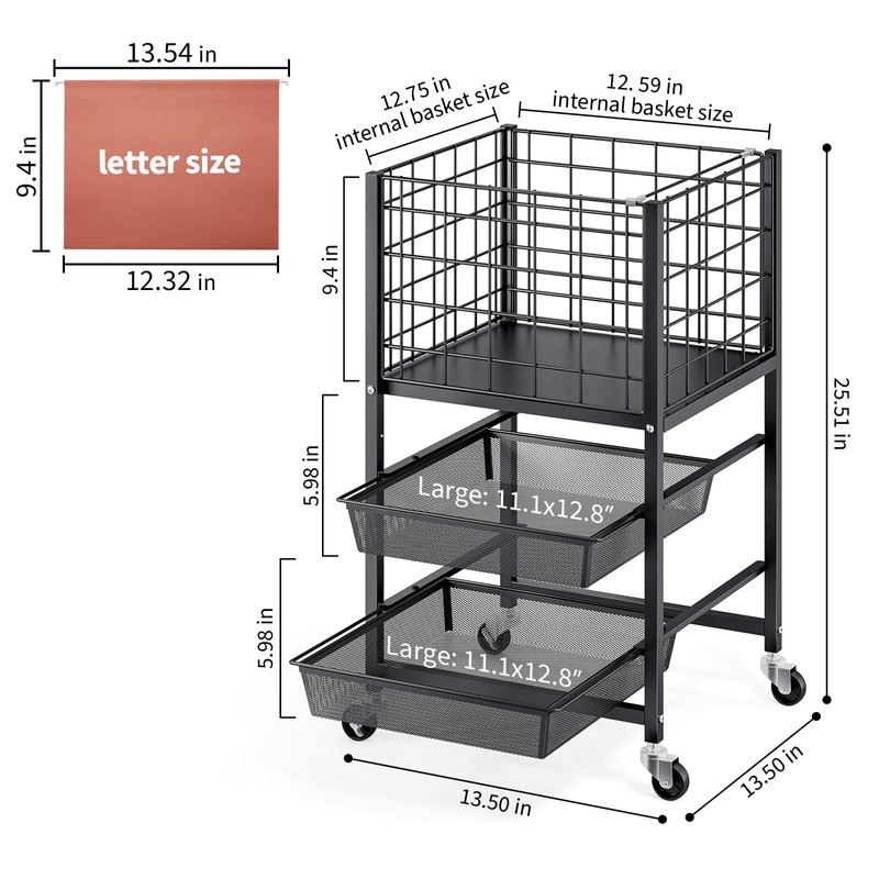 TOOLF 3-Tier Rolling File Cart, Metal Storage Drawer Cart with