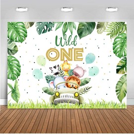 ANSHUHAI Wild One Backdrop Tropical Jungle Animal Wild One Birthday Decorations for Boys Safari First Birthday Party Photography Background Photo Booth Props (7x5ft)