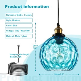 Pobllem Plug in Hanging Lamp, Modern Plug in Pendant Lighting with 14.75Ft Adjustable Cord, Blue Hammered Glass Globe Plug in Hanging Ceiling Light for Living Room Dining Room Kitchen Bedroom
