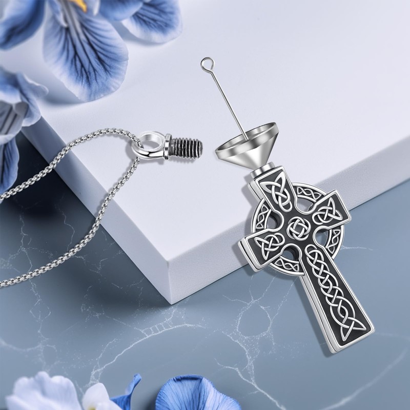 DRINSPER Urn Necklace for Ashes Celtic Cross Cremation Jewelry 925