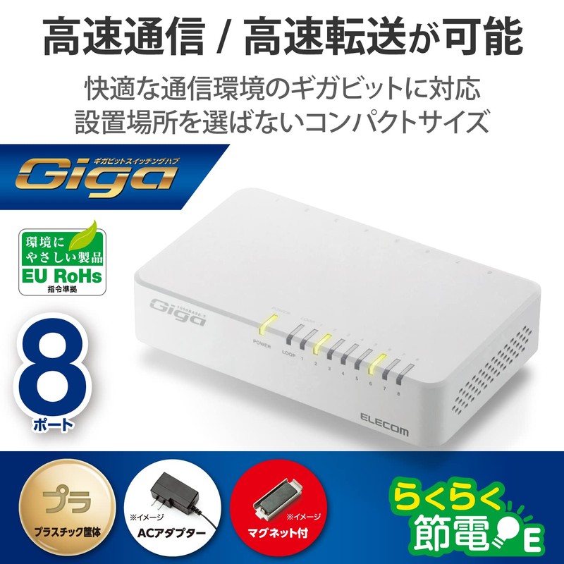 erekomu Switching Hub Gigabit Compatible 8 Ports Plastic Magnet with