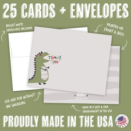 Koko Paper Co Dinosaur Thank You Cards | 25 Flat Note Cards and Envelopes | Printed on Heavy Card Stock.