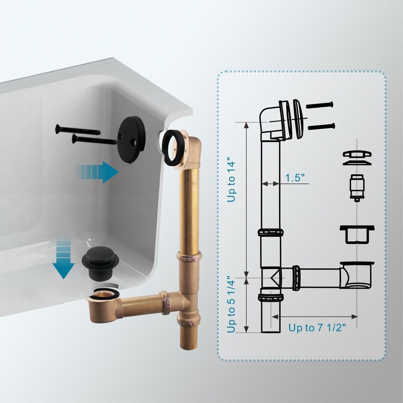 Black Tubular Tub Drain Kit 1-1/2" Brass Pipe with Tip-Toe