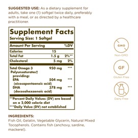 Solgar Triple Strength Omega 3 950 mg - 100 Softgels, Pack of 3 - Supports Joint & Skin Health - Non-GMO, Gluten Free, Dairy Free - 300 Total Servings