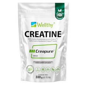 Wellthy Creatina Monohidratada Micronizada Creapure® 330g. 100% Pura. Solo 1 Ingrediente Creatina Alemana Creapure®. Vegana, Sin Azúcar, 66 porciones, 5g por porción, Pre Entreno con Scoop. Pure. Proven. Perfect.