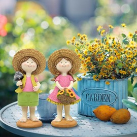 KnomeKo Spring Garden Boy & Girl Figurine Set - H9 inch Whimsical Statue Flower Garden Decor for Indoor & Outdoor Display - Charming Spring and Summer Decorations for Yard, Patio, or Home