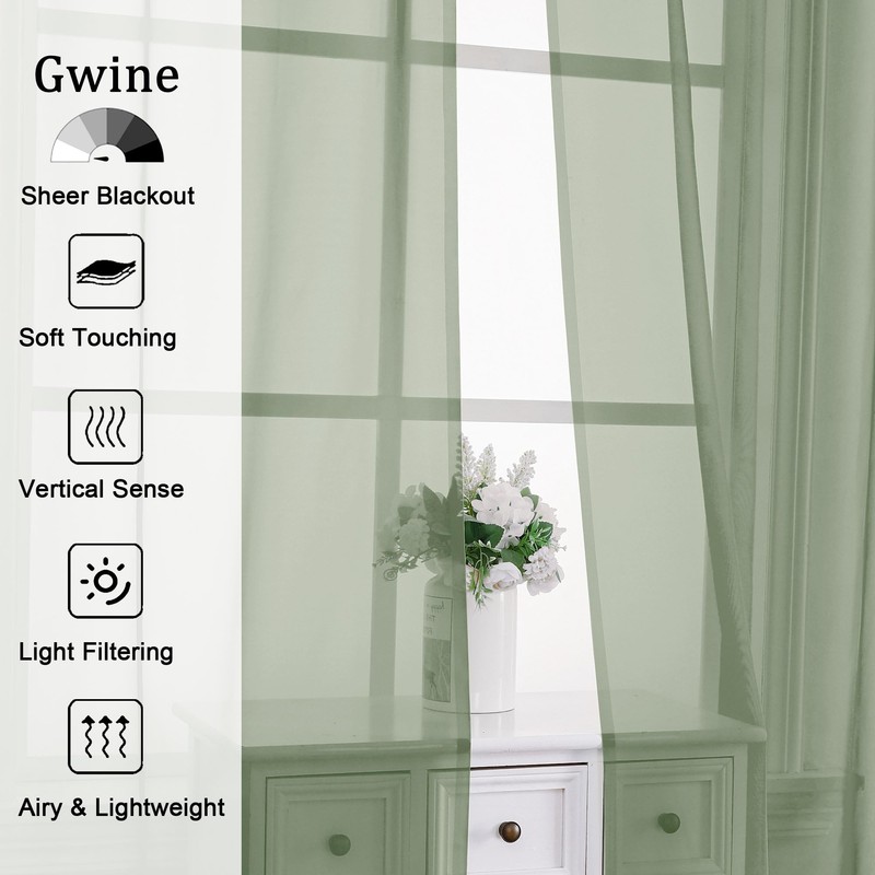 Gwine Sheer Curtains Sage Green 2x59Wx84L