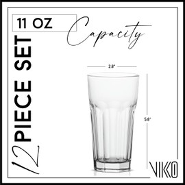 Vikko Drinking Glasses, 11 Oz, Heavy Base Stackable Water Glasses, Large Size, Dishwasher Safe Glass Tumbler, Heavy Duty Cups for Water, Juice, Milk, Iced Tea, Soda, Set of 12 Tall Glass Cups