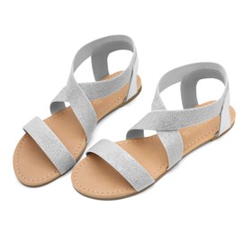 DREAM PAIRS Womens Ankle Strap Flat Summer Dressy Shoes Cute Strappy Gladiator Sandal, Elatica-6, Silver/Pu - 8.5