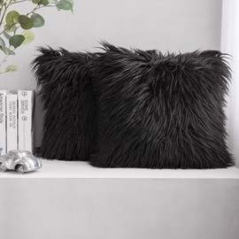 Phantoscope Pack of 2 Faux Fur Throw Pillow Covers Cushion Covers Luxury Soft Decorative Pillowcase Fuzzy Pillow Covers for Bed/Couch,Black 20 x 20 Inches