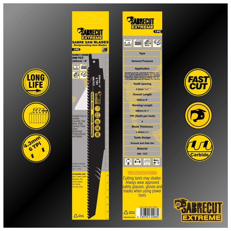 1 x SabreCut SCRS1140HM Tungsten Carbide 228mm 6 TPI S1140HM