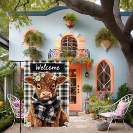 Welcome Buffalo Plaid Garden Flags cute calf with wild flowers Spring Summer Garden Flag 12x18 Inch Vertical Double Sided Small Holiday Yard Lawn Home Anniversary Outside Decorations
