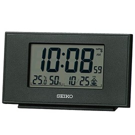 Seiko Clock SQ790K Table Clock, Black Metallic, Body Size: 3.1 x 5.3 x 1.5 inches (7.8 x 13.5 x 3.8 cm), Alarm Clock, Radio Control, Digital Calendar, Temperature, Humidity Display