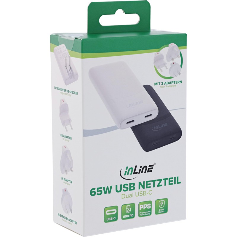Inline USB Travel Power Supply Charger 65 W, Flat, Dual