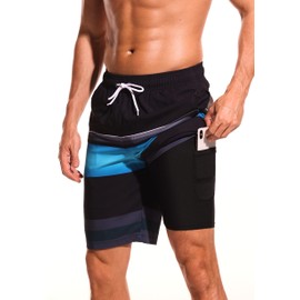 difficort Mens Swimming Trunks with Compression Liner Quick Dry Board Shorts Swimsuit with Zipper Pockets,Black+Blue,Large