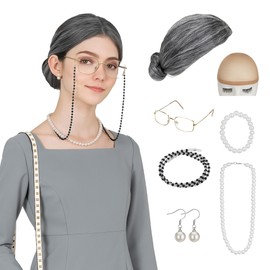SEGO Old Lady Wigs for Women Girls 7PCS Set, Hair Bun Salt and Pepper Granny Wig and Gold Glasses 7 pcs Set for Old Woman Grandmother Cosplay 100 Days of School Halloween Party