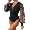GORGLITTER Women's Bodysuit Polka Dot Mesh Bodysuits V-Neck Women's Bodysuit